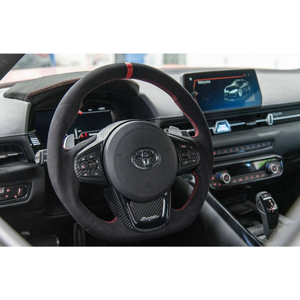 OLM 2020-2022 Toyota Supra Alcantara Pro Steering Wheel w/ Red Stripe